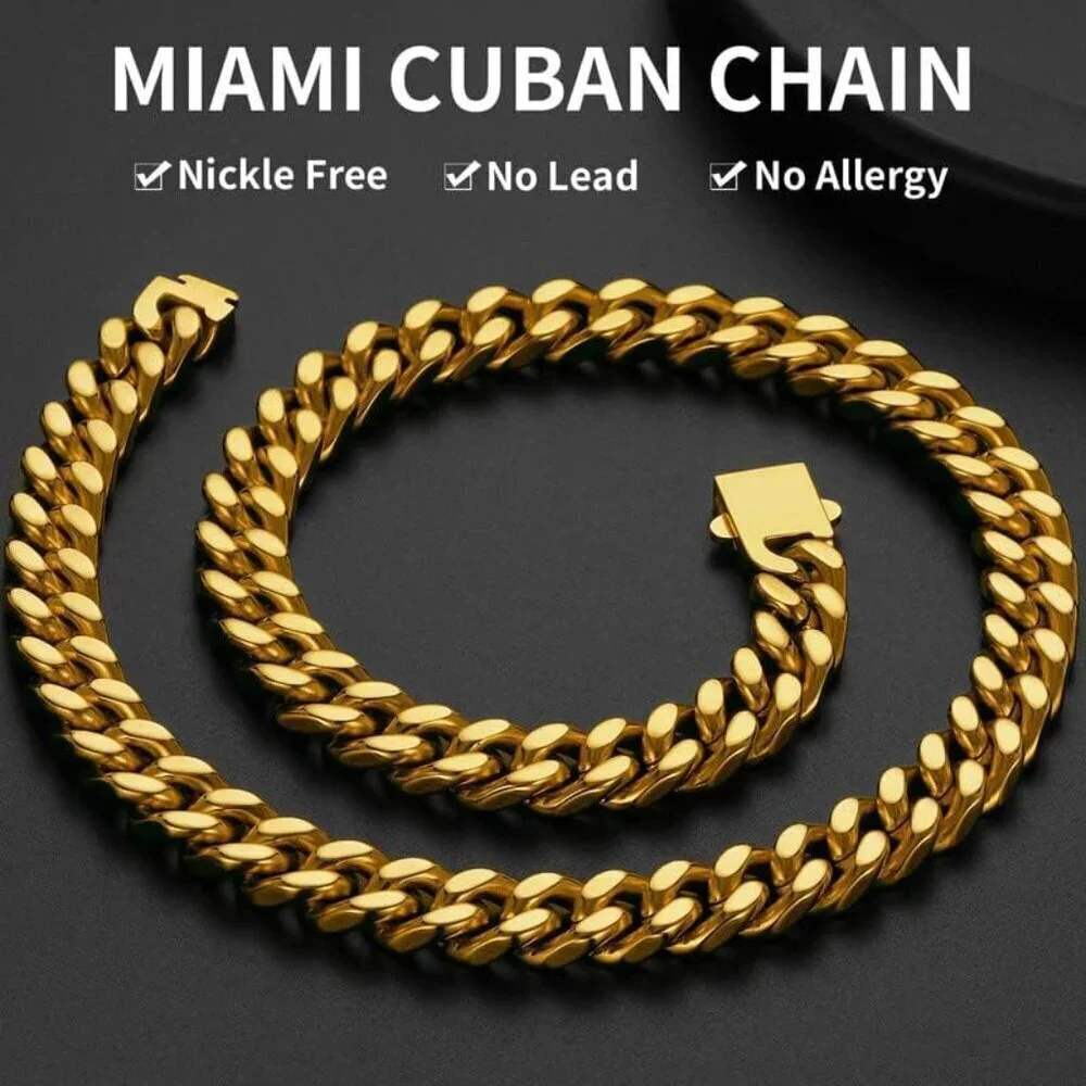 Gold/18K 12mm width Plated Miami Cuban Chain Necklace | Stainless Steel Men